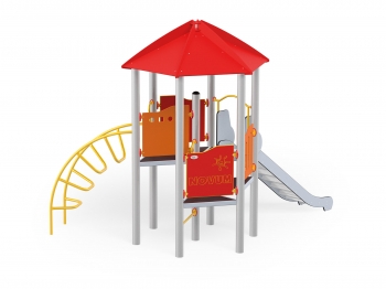 Vaikų žaidimų aikštelės Pilies bokštas 03 - sertifikuotos EN 1176 ir saugios, su suktomis kopetėlėmis ir skardine čiuožykla - pilki stulpeliai