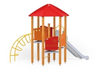 Vaikų žaidimų aikštelės Pilies bokštas 03 - sertifikuotos EN 1176 ir saugios, su suktomis kopetėlėmis ir skardine čiuožykla - oranžiniai stulpeliai