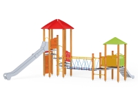 Vaikų žaidimų aikštelės Pilies bokštas 09 - sertifikuotos EN 1176 ir saugios, su dviem skirtingų aukščių čiuožyklom ir tilteliu