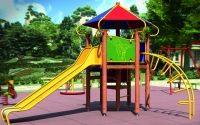Vaikų žaidimų aikštelės Pilies bokštas 03 - sertifikuotos EN 1176 ir saugios, su čiuožykla ir stogeliu - realus vaizdas parke